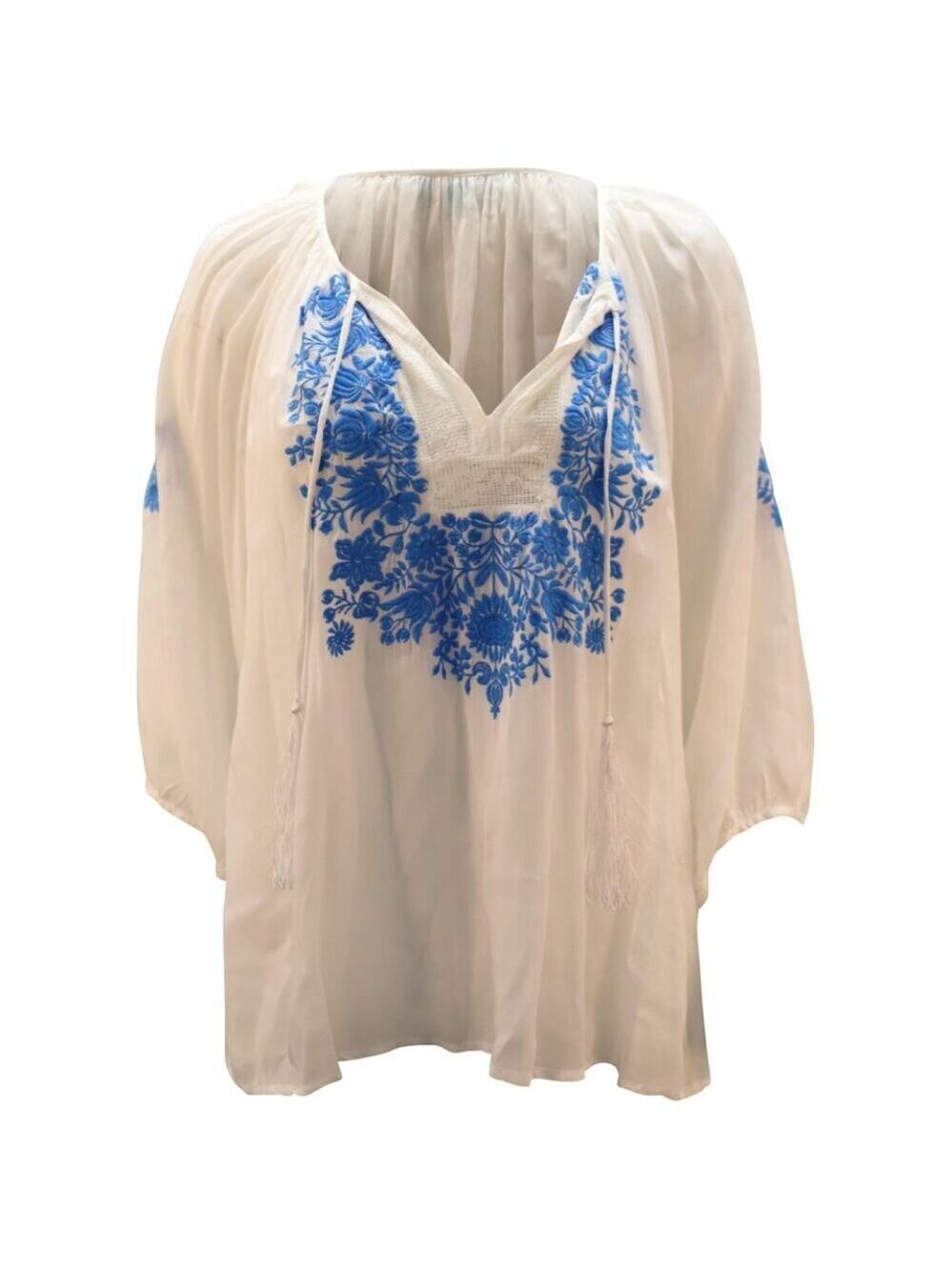 Melissa Odabash Rihanna Blouse in White Rayon With Blue Embroidery O/S